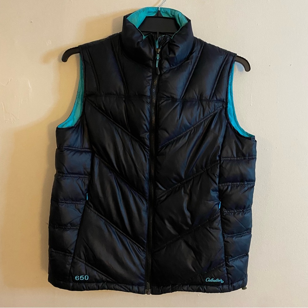 Cabela’s Goose Down 650 Navy and Aqua Puffer Vest: Size M/M Regular
